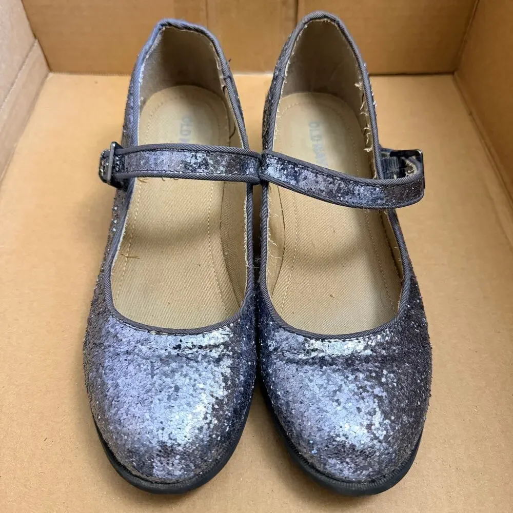 Old Navy Girls High Heel Mary Jane Dress Shoes Silver Glitter Buckle Strap Sz 3